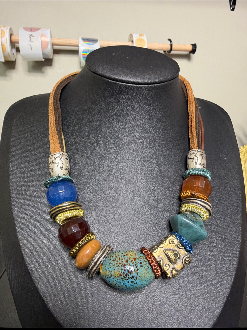 Chico’s Bohemian Multicolor Beaded Statement Leather Necklace Mixed Media